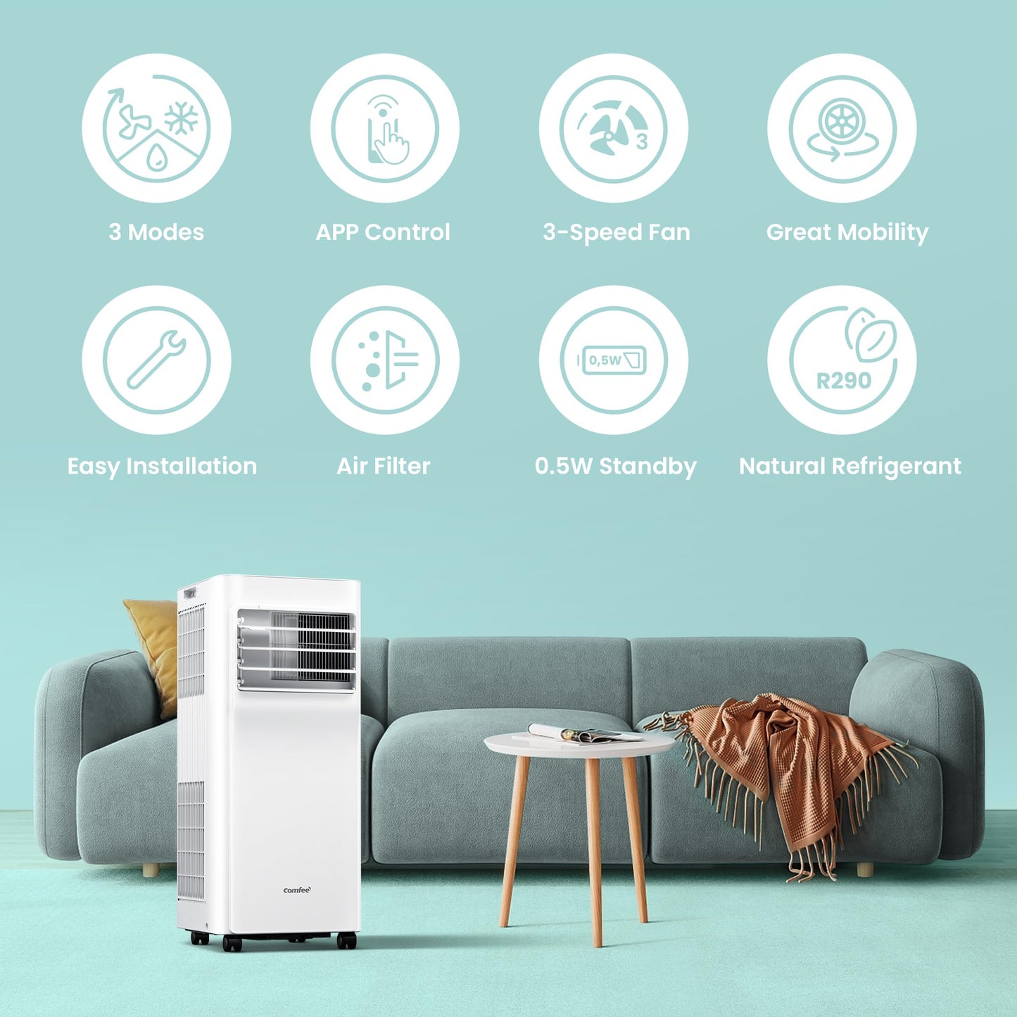 Aire Acondicionado Móvil Comfee Breezy Cool Pro 2.0 – 7000 BTU, APP, Blanco