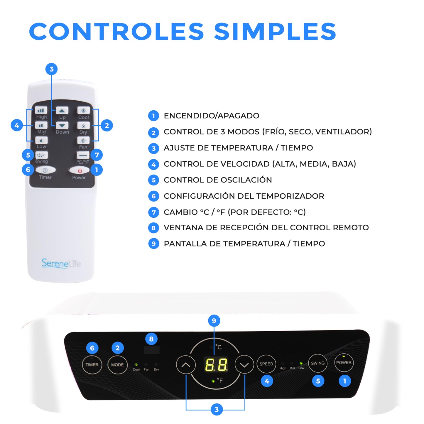 SereneLife Aire Acondicionado Portátil 9000 BTU Calefacción y Deshumidificador con Mando