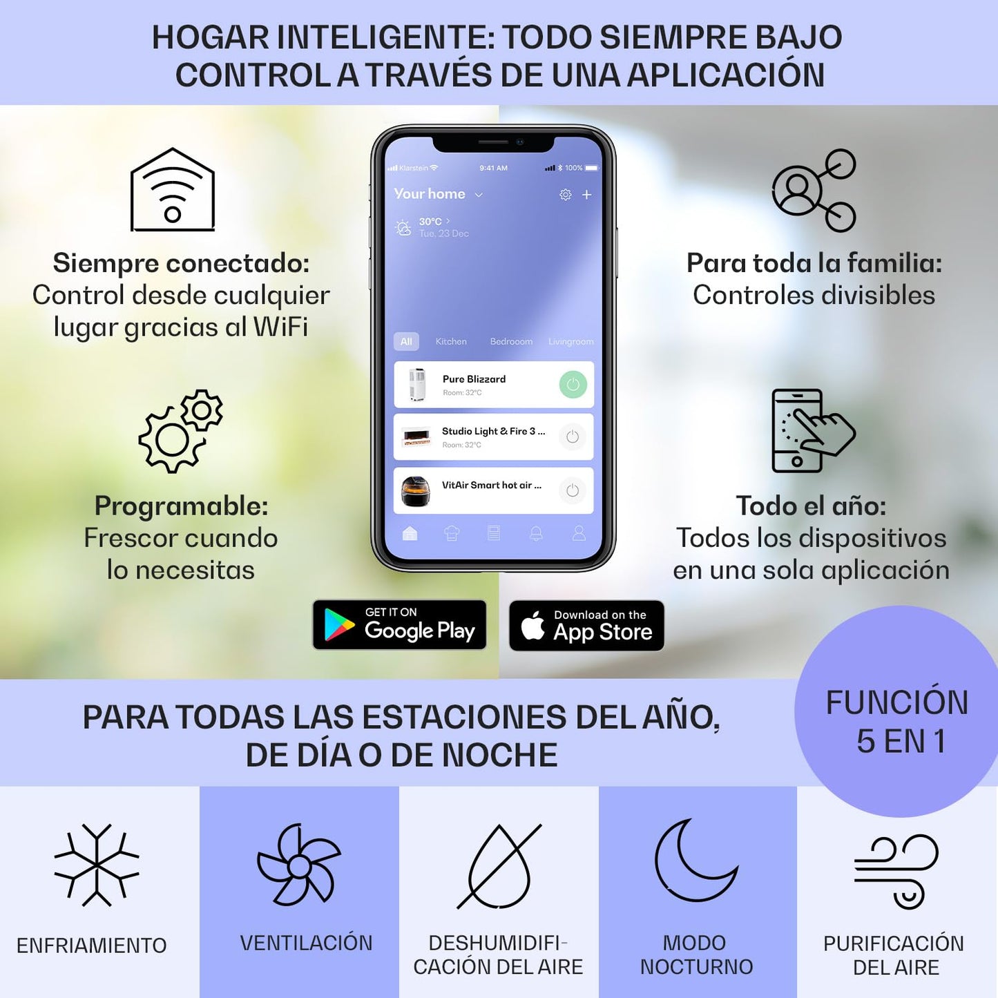 Klarstein Kraftwerk Smart 12K Aire Acondicionado Portátil 12000 BTU con App, Alexa y Temporizador