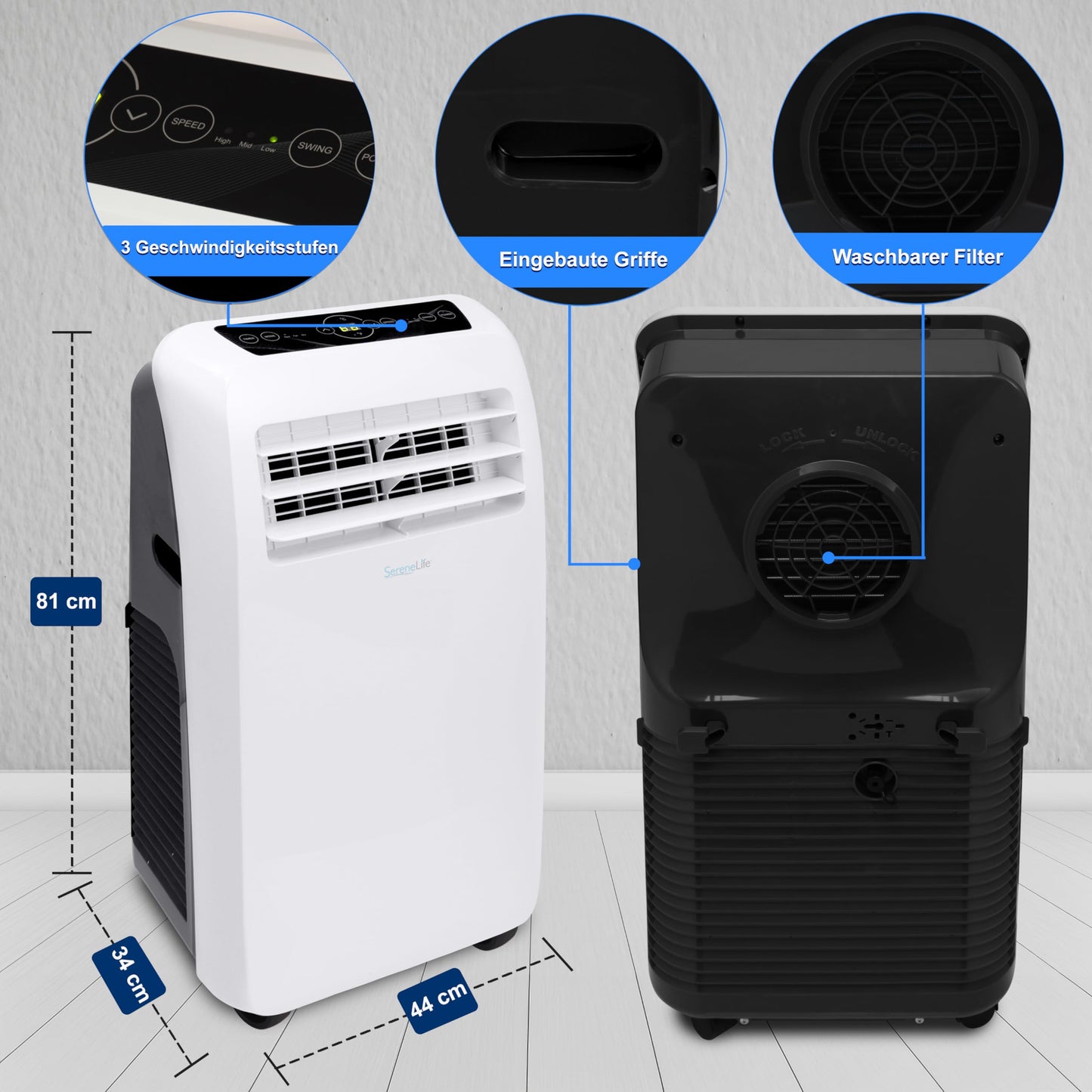 Aire Acondicionado Móvil SereneLife 4 en 1 – 9000 BTU, Con Calefacción y Deshumidificador