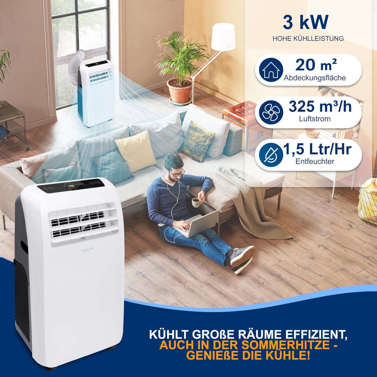 Aire Acondicionado Móvil SereneLife 4 en 1 – 9000 BTU, Con Calefacción y Deshumidificador