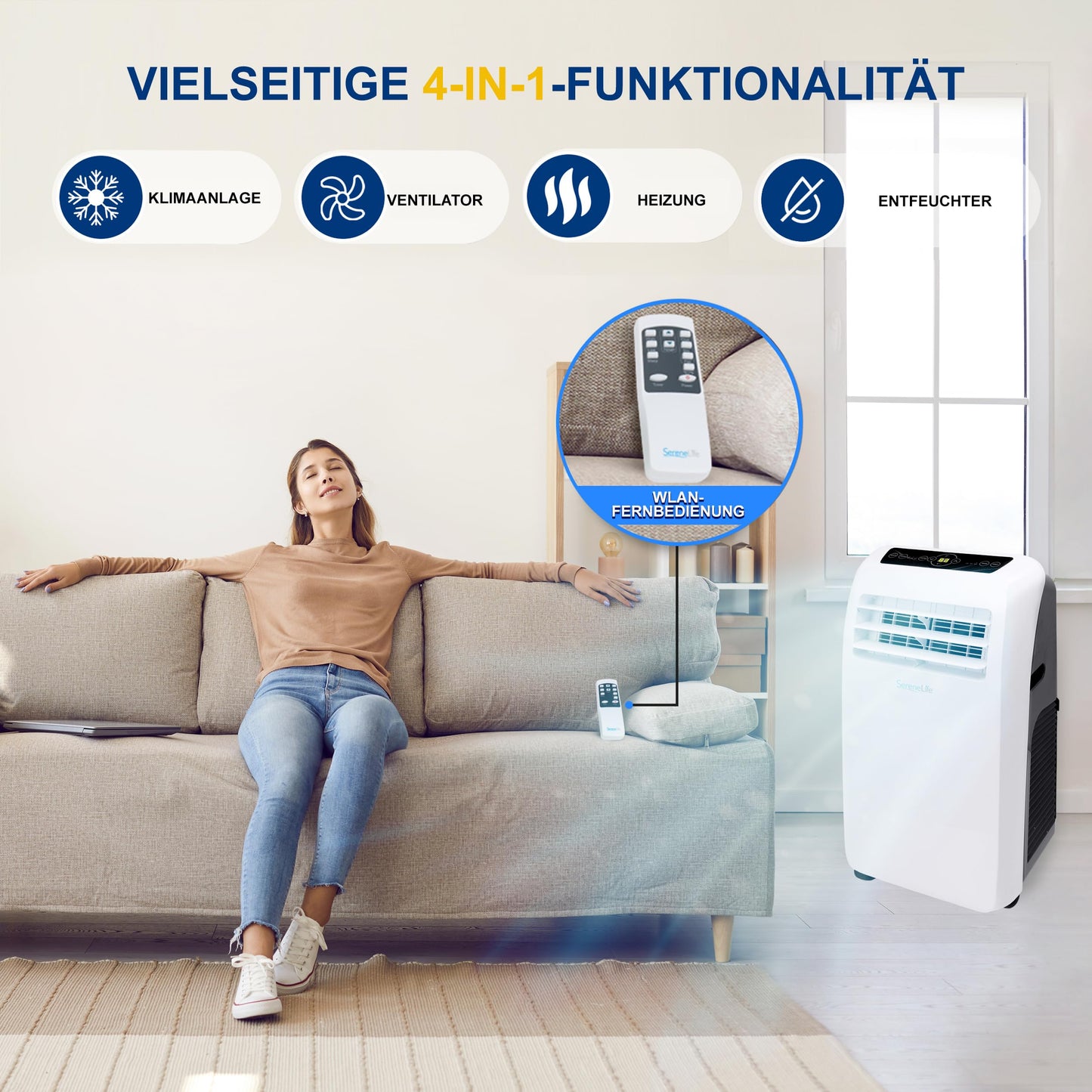 Aire Acondicionado Móvil SereneLife 4 en 1 – 9000 BTU, Con Calefacción y Deshumidificador